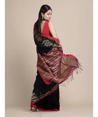 Bengal Handloom Organic Linen Saree In Black Without Blouse 5