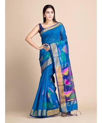 Blue Matka Silk Saree with Blouse fabric 1