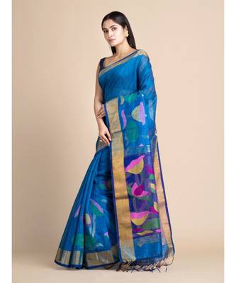 Blue Matka Silk Saree with Blouse fabric 2