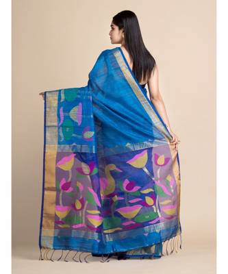 Blue Matka Silk Saree with Blouse fabric 3