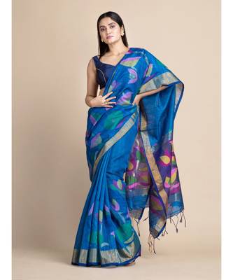 Blue Matka Silk Saree with Blouse fabric 4