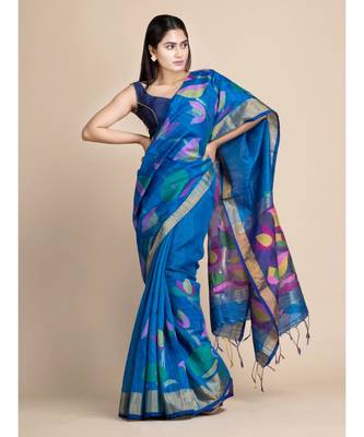 Blue Matka Silk Saree with Blouse fabric 5