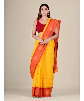 Pure Cotton Handwoven Tant Saree Without Blouse Fabric 1
