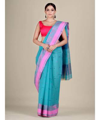 Pure Cotton Handwoven Tant Saree Without Blouse Fabric 1