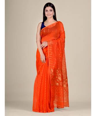 Orange Silk Cotton Handwoven Soft Jamdani Saree With Floral Zari Work Without Blouse 1