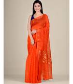 Orange Silk Cotton Handwoven Soft Jamdani Saree With Floral Zari Work Without Blouse