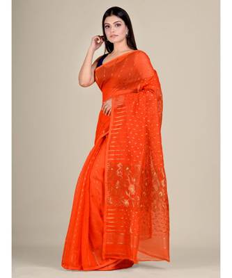 Orange Silk Cotton Handwoven Soft Jamdani Saree With Floral Zari Work Without Blouse 2