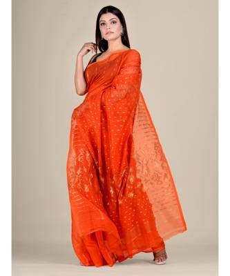 Orange Silk Cotton Handwoven Soft Jamdani Saree With Floral Zari Work Without Blouse 3