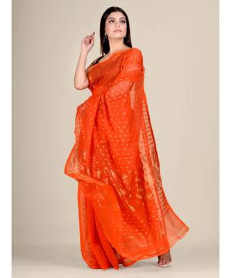 Orange Silk Cotton Handwoven Soft Jamdani Saree With Floral Zari Work Without Blouse 4