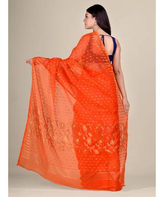 Orange Silk Cotton Handwoven Soft Jamdani Saree With Floral Zari Work Without Blouse 5