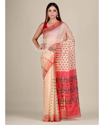Beige & Red Silk Cotton Jamdani Saree With Zari Work Without Blouse 1