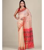 Beige & Red Silk Cotton Jamdani Saree With Zari Work Without Blouse