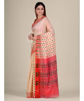 Beige & Red Silk Cotton Jamdani Saree With Zari Work Without Blouse 2