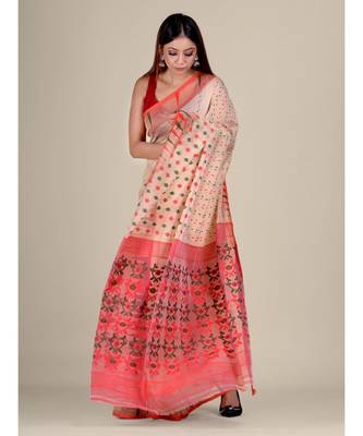 Beige & Red Silk Cotton Jamdani Saree With Zari Work Without Blouse 3