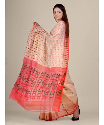 Beige & Red Silk Cotton Jamdani Saree With Zari Work Without Blouse 4