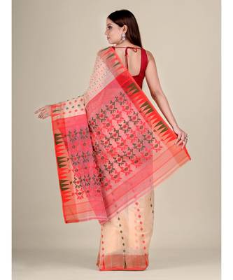 Beige & Red Silk Cotton Jamdani Saree With Zari Work Without Blouse 5