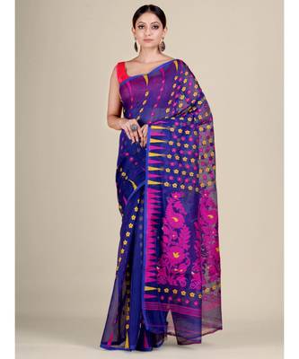 Blue And Multicolor Silk Cotton Handwoven Soft Jamdani Saree Without Blouse 1