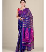 Blue And Multicolor Silk Cotton Handwoven Soft Jamdani Saree Without Blouse