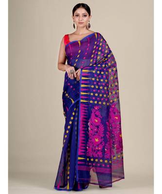 Blue And Multicolor Silk Cotton Handwoven Soft Jamdani Saree Without Blouse 2