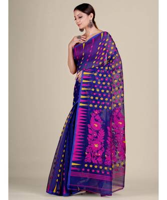 Blue And Multicolor Silk Cotton Handwoven Soft Jamdani Saree Without Blouse 3