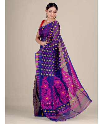 Blue And Multicolor Silk Cotton Handwoven Soft Jamdani Saree Without Blouse 4