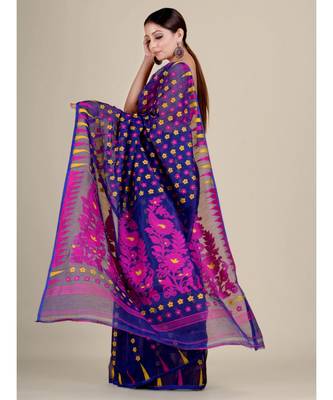 Blue And Multicolor Silk Cotton Handwoven Soft Jamdani Saree Without Blouse 5