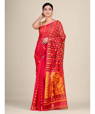 Red  And Multicolor Silk Cotton Handwoven Soft Jamdani Saree Without Blouse 1