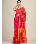 Red  And Multicolor Silk Cotton Handwoven Soft Jamdani Saree Without Blouse