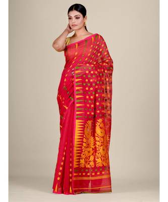 Red  And Multicolor Silk Cotton Handwoven Soft Jamdani Saree Without Blouse 2