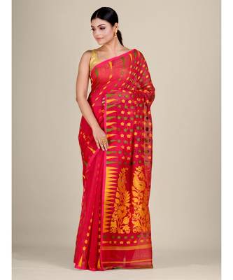 Red  And Multicolor Silk Cotton Handwoven Soft Jamdani Saree Without Blouse 3