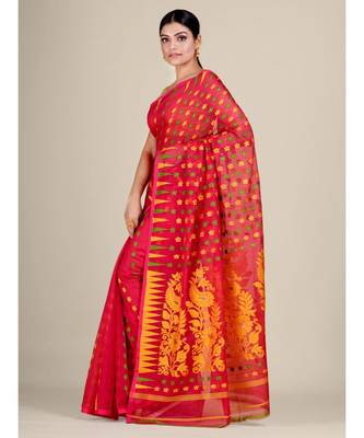 Red  And Multicolor Silk Cotton Handwoven Soft Jamdani Saree Without Blouse 4