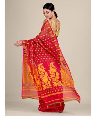 Red  And Multicolor Silk Cotton Handwoven Soft Jamdani Saree Without Blouse 5