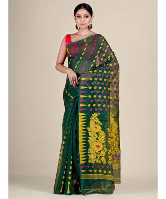 Green And Multicolor Silk Cotton Handwoven Soft Jamdani Saree Without Blouse 1