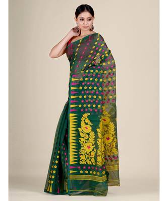 Green And Multicolor Silk Cotton Handwoven Soft Jamdani Saree Without Blouse 2
