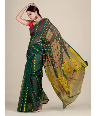 Green And Multicolor Silk Cotton Handwoven Soft Jamdani Saree Without Blouse 3