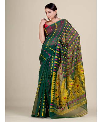 Green And Multicolor Silk Cotton Handwoven Soft Jamdani Saree Without Blouse 4