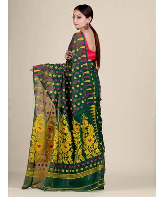 Green And Multicolor Silk Cotton Handwoven Soft Jamdani Saree Without Blouse 5