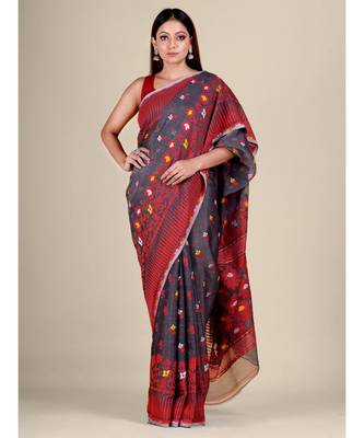 Grey And Multicolor Silk Cotton Handwoven Soft Jamdani Saree Without Blouse 1