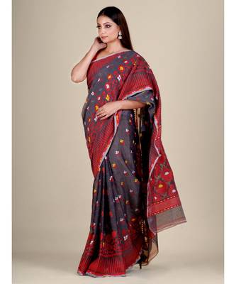 Grey And Multicolor Silk Cotton Handwoven Soft Jamdani Saree Without Blouse 2
