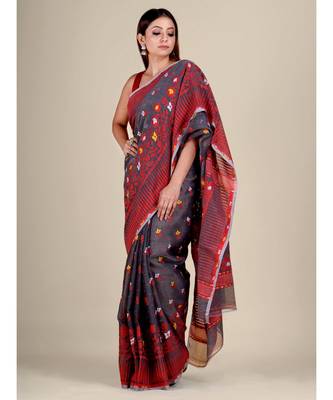 Grey And Multicolor Silk Cotton Handwoven Soft Jamdani Saree Without Blouse 3