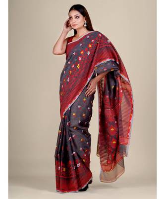 Grey And Multicolor Silk Cotton Handwoven Soft Jamdani Saree Without Blouse 4