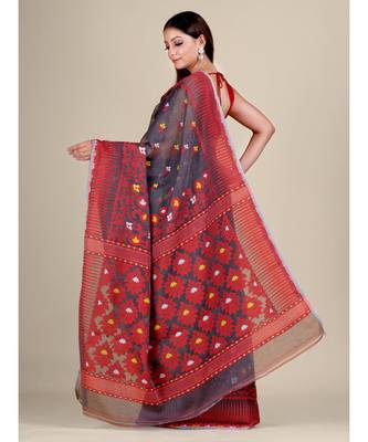 Grey And Multicolor Silk Cotton Handwoven Soft Jamdani Saree Without Blouse 5