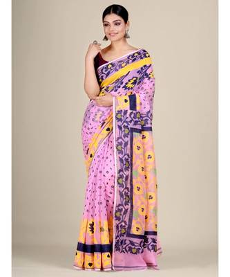 Pink And Multicolor Silk Cotton Handwoven Soft Jamdani Saree Without Blouse 1