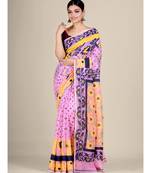 Pink And Multicolor Silk Cotton Handwoven Soft Jamdani Saree Without Blouse
