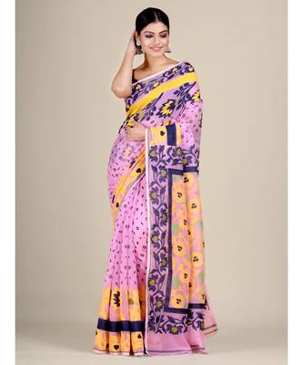 Pink And Multicolor Silk Cotton Handwoven Soft Jamdani Saree Without Blouse 2