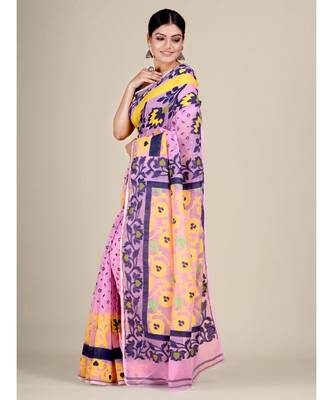 Pink And Multicolor Silk Cotton Handwoven Soft Jamdani Saree Without Blouse 3