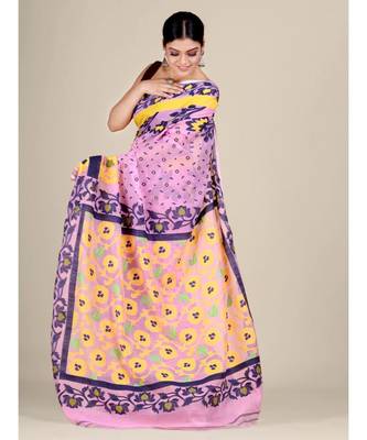 Pink And Multicolor Silk Cotton Handwoven Soft Jamdani Saree Without Blouse 4
