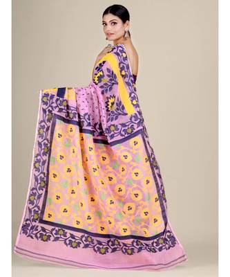 Pink And Multicolor Silk Cotton Handwoven Soft Jamdani Saree Without Blouse 5