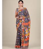 Grey And Orange Silk Cotton Handwoven Soft Jamdani Saree Without Blouse