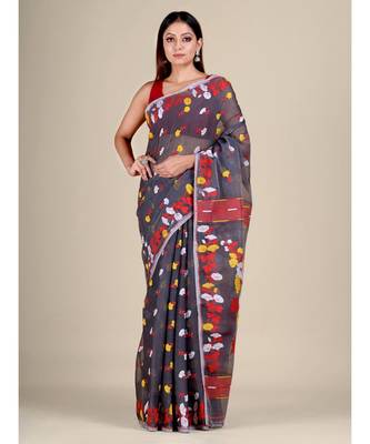 Grey And Red Silk Cotton Handwoven Soft Jamdani Saree Without Blouse 1